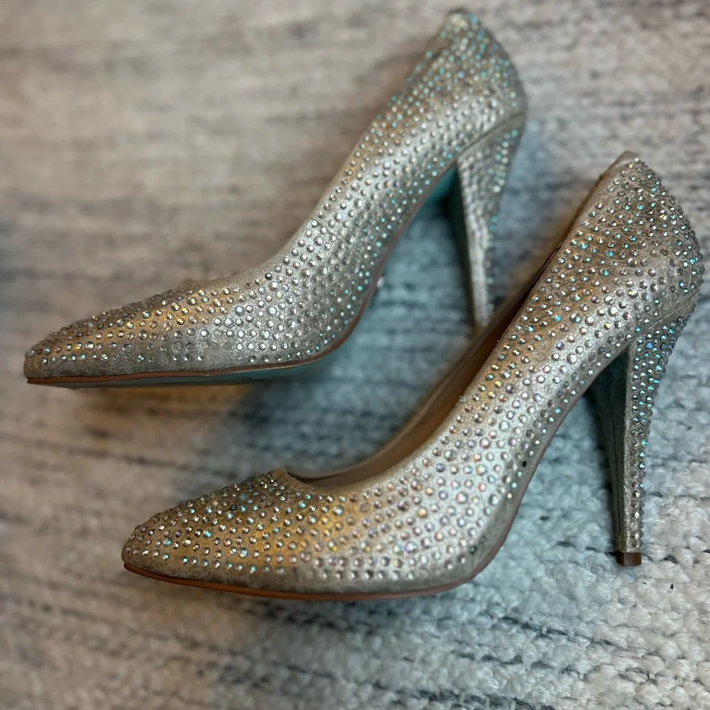 Betsey Johnson Gold Crystal Rhinestone Sparkle Stiletto Pumps Heels Sz 10 Prom⁠